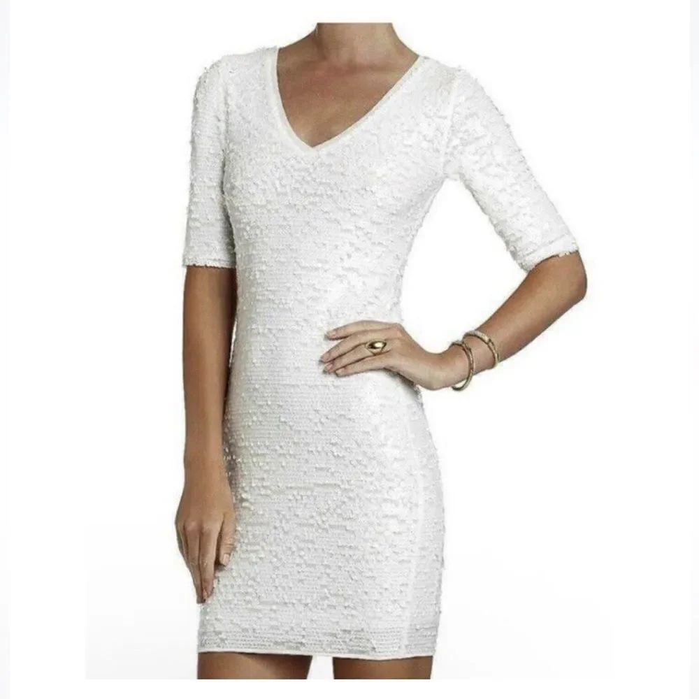BCBGMAXAZRIA White Sequin Bodycon Dress V Neck Size Medium